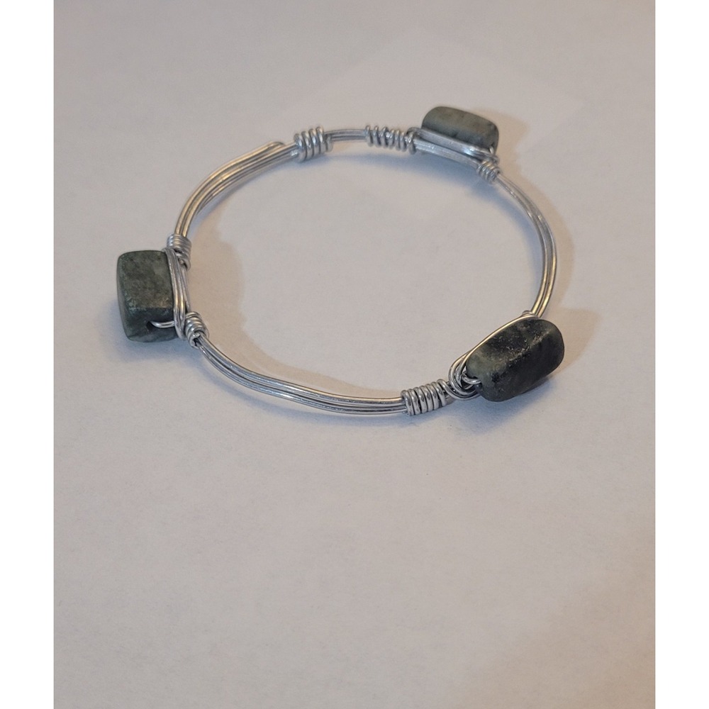 Handmade Silver Tone Wire Wrapped Retangle Stone Bead Cuff Bracelet Bangle Boho